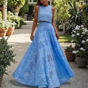 Women Summer 2 Pieces Set O-neck Single Button Ankle-length A-line Dress Sets For Beach Vacation Party Womenswear Cotton Polyester Clothes Skirt