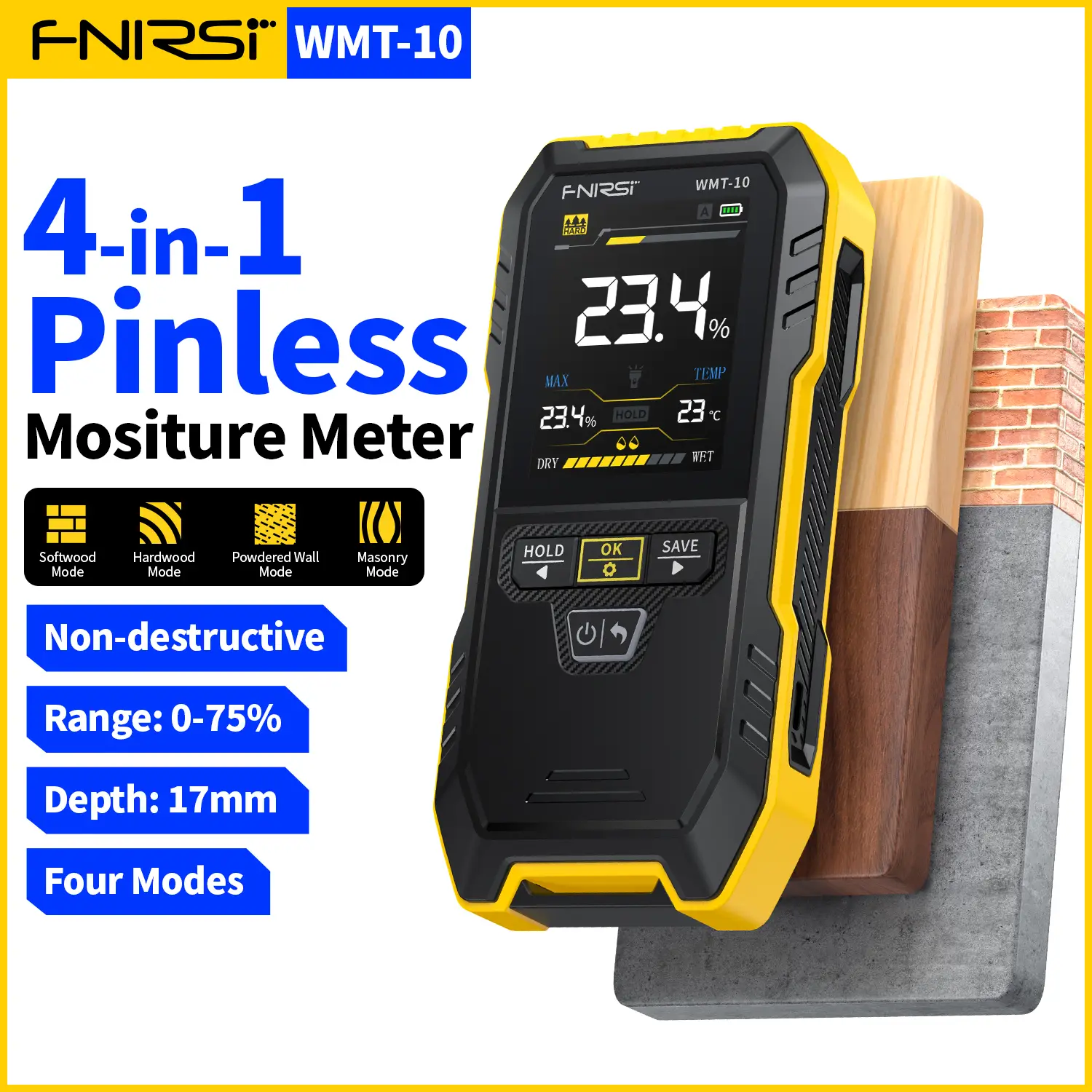 FNIRSI WMT-10 Rechargable Wood Moisture Meter Pinless Moisture Meter for Wood Wall Firewood Mold Detector for Home Support Data Hold and Record Flashl