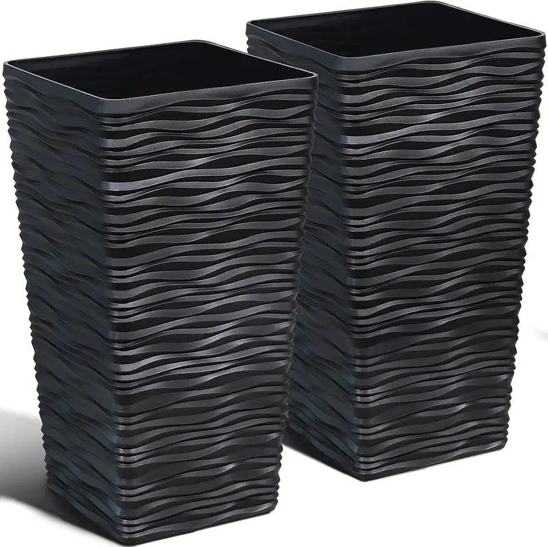 DAVYLINE 2-Pack Black Tall Tree Planter - Plastic Square Tapered Plant Pots for Indoor Outdoor - 22" H - Modern Wavy Finish Decorative for Patio Deck
