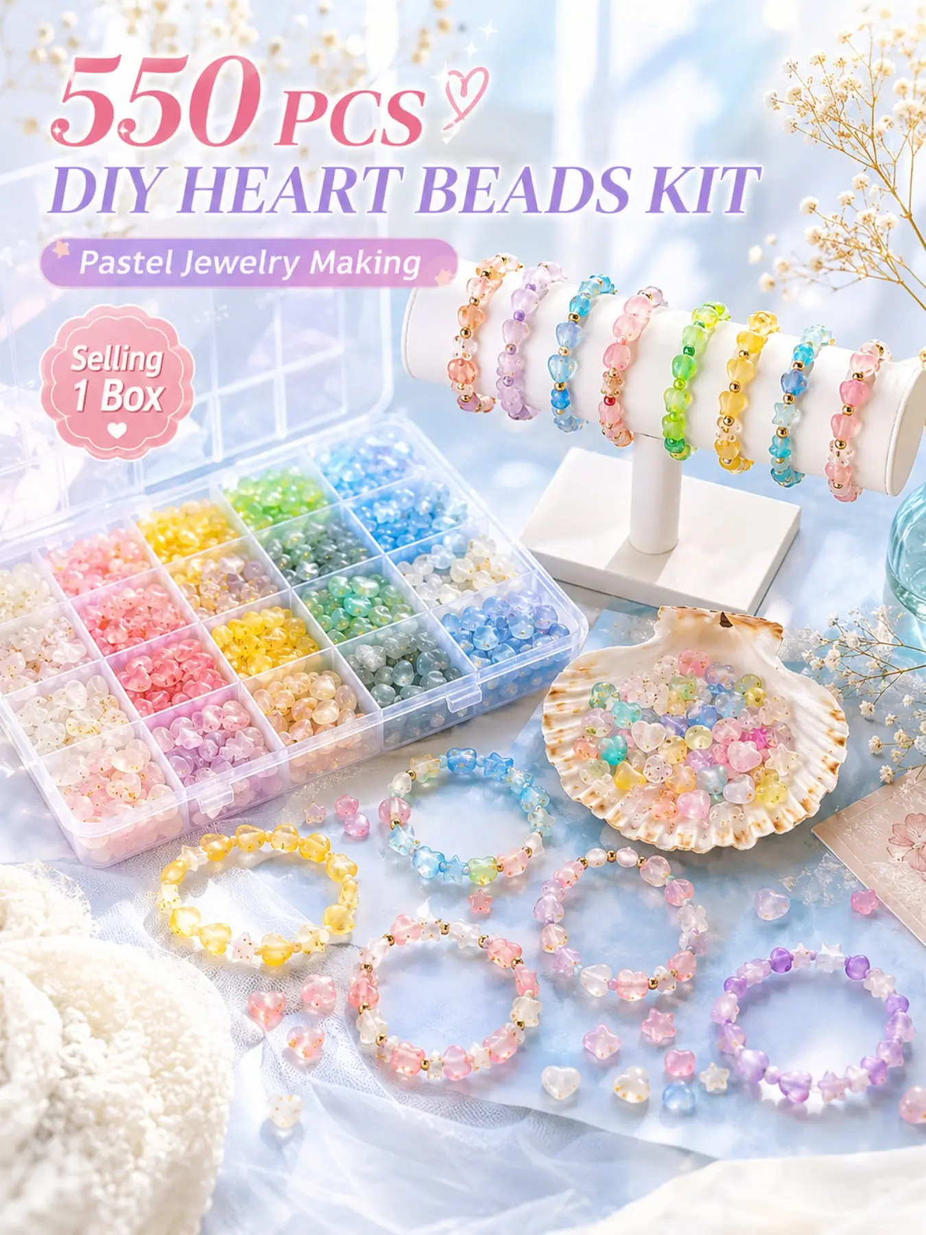 550pcs Star & Heart Acrylic Beads Kit, Bead Assortment, DIY Mixed Beads, Multicolor Pastel Beads with Storage Box, DIY Beading Jewelry Making Set for Friendship Bracelet Necklace Earring Keychain, Beading Kits