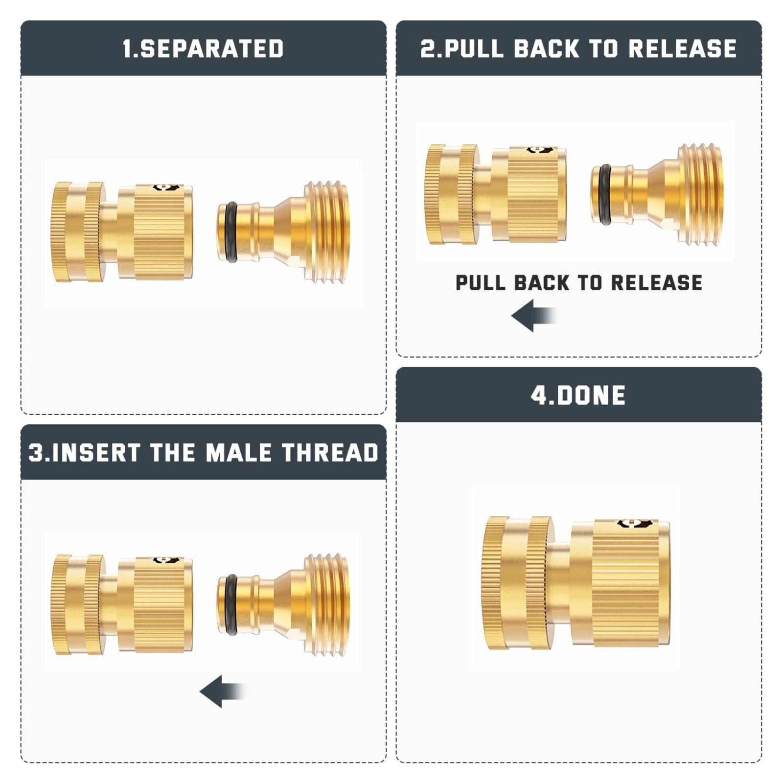 Garden Hose Quick Connector, 1 Set Solid Brass 3/4 Inch GHT Thread Fitting, No-Leak Water Hose Female & Male Adapter, Garden Hose Connectors, Summer Gardening Tool Accessories
