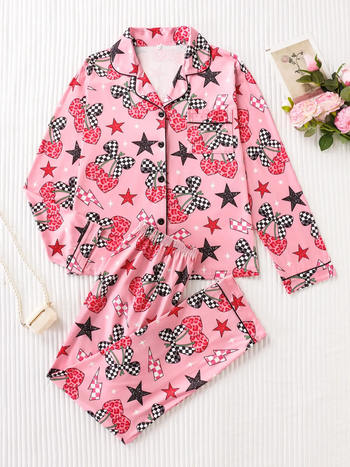 Women's Leopard Print Cherry Star Full-Print Sleepwear Set, Premium Silk Satin Fabric, Smooth Comfortable Long Sleeve Top and Pants, Starlight Pajama Set, Loungewear Nightwear Set, Pajamas, Pjs