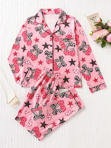 Women's Leopard Print Cherry Star Full-Print Sleepwear Set, Premium Silk Satin Fabric, Smooth Comfortable Long Sleeve Top and Pants, Starlight Pajama Set