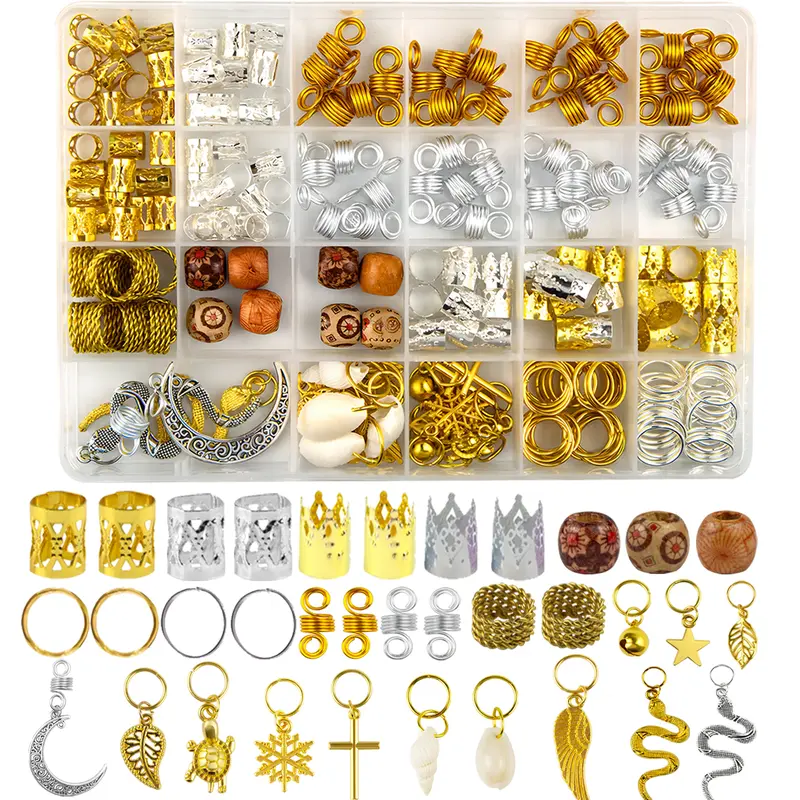 241 PCS Hair Jewelry for Braids, Locs Metal Gold and Silver Clips Shells Imitation Wood Beads, Adjustable Cuffs Braiding Hair Rings Decoration, Dreadlock Beads for Girls Decorative