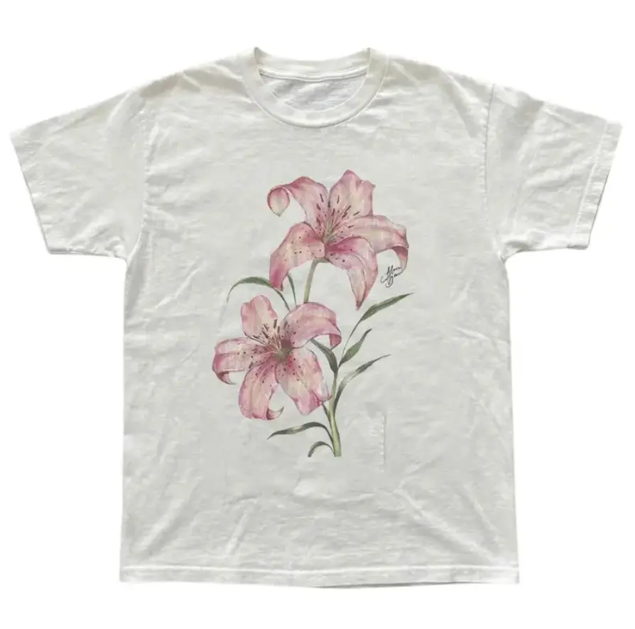 Youth - Adult Pink Lily Floral T-Shirt, Tree Shirt, Natural Tee, Gifts Shirt, Unisex Vintage Graphic Tees Gothic Grunge Y2k Emo
