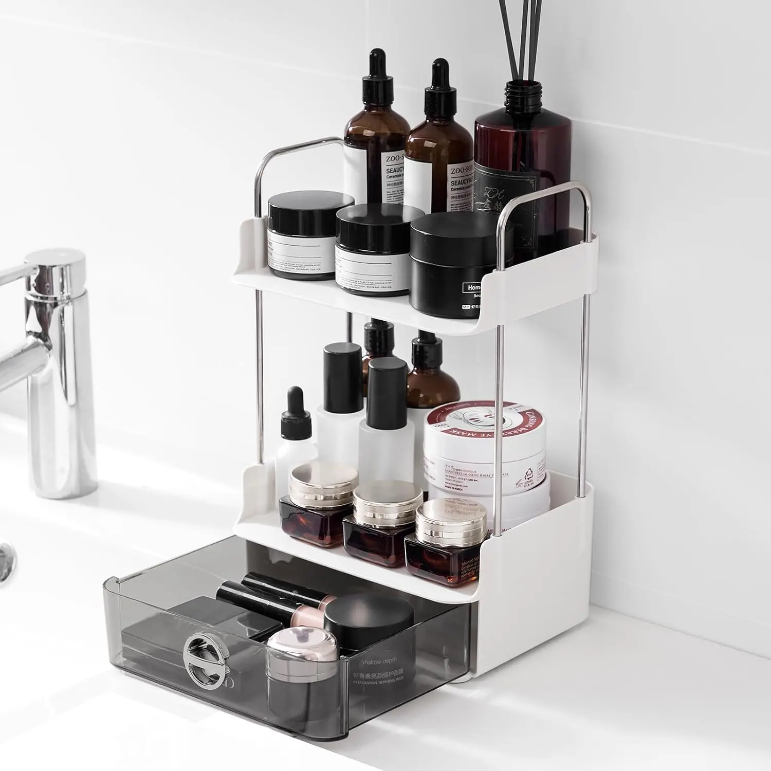 Mini Skincare Organizers,2-Tier Drawer Bathroom Organizer Countertop,Small-Sized cosmetic storage rack suitable for delicate girls,Organizer Shelf for Vanity Storage,Multi-Purpose Makeup Organizer