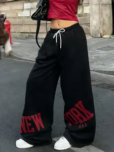 Ladies Y2K Style Baggy Track Pants, Vintage "NEW YORK" Graphic Print, High Waisted Wide Leg, Comfy Cotton Blend For Streetwear & Lounge Summer street style outfits suitable for any occasion