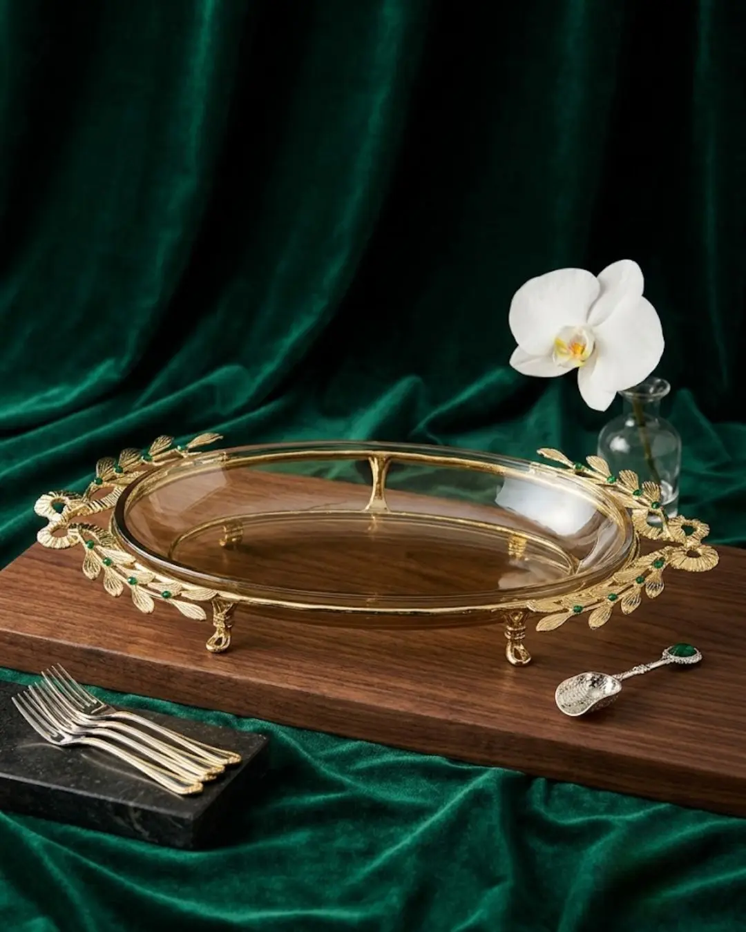 Sturdy Luxury Glass Serving Plates, Emerald Collection with Gold Laurel & Emerald Accents