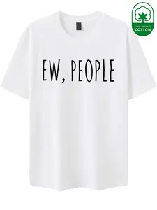 Men's Ew People Print Cotton T-Shirt, Humorous Casual Loose Fit Short Sleeve, Graphic Letter Pattern, Fitted, All Seasons