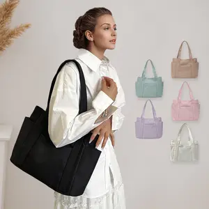 Women's Chic Solid Color Tote Bag Casual Large Shoulder Bag with Zipper Closure for Travel