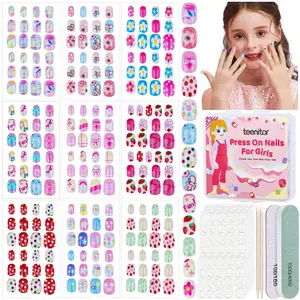 216pcs Press on Nails for Girls, 9 Colors 10 Sizes Press On Nails for Kids Fake Nails Little Girl Nails, Short Acrylic Nails with Nail Adhesive Tabs, Nail File Buffer