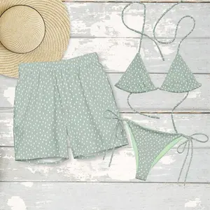 Women's Thick Fabric Padded Polka Dot Couples Swimwear - Sea Green Bikini Separates with Moisture-Wick Polyester Blend, Drawstring Multi-Size Sets for Honeymoon, Beach Vacation fathersdaygiftideas