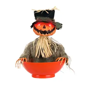 Candy Bowl with Animated Pumpkin Scarecrow Decoration