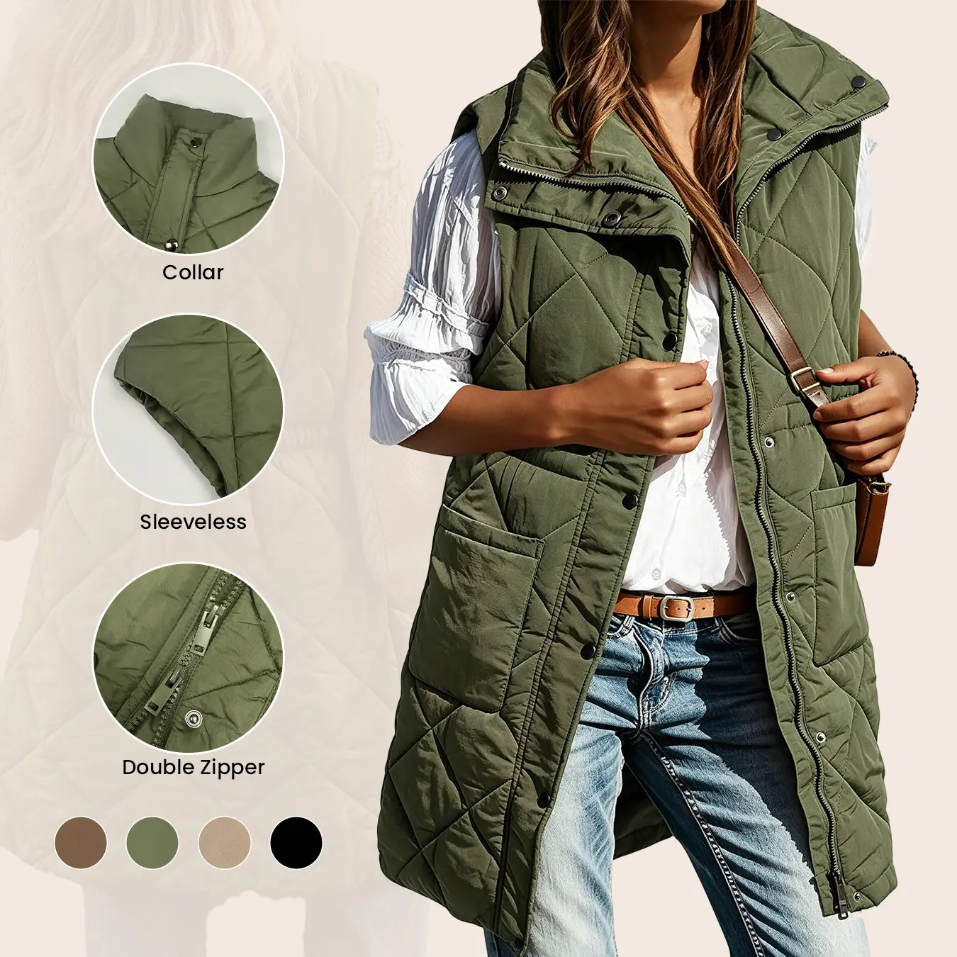 Aswulk Women's Casual Winter Long Puffer Vest Stand Collar Double Zipper Sleeveless Puffy Jackets Coat with Pockets