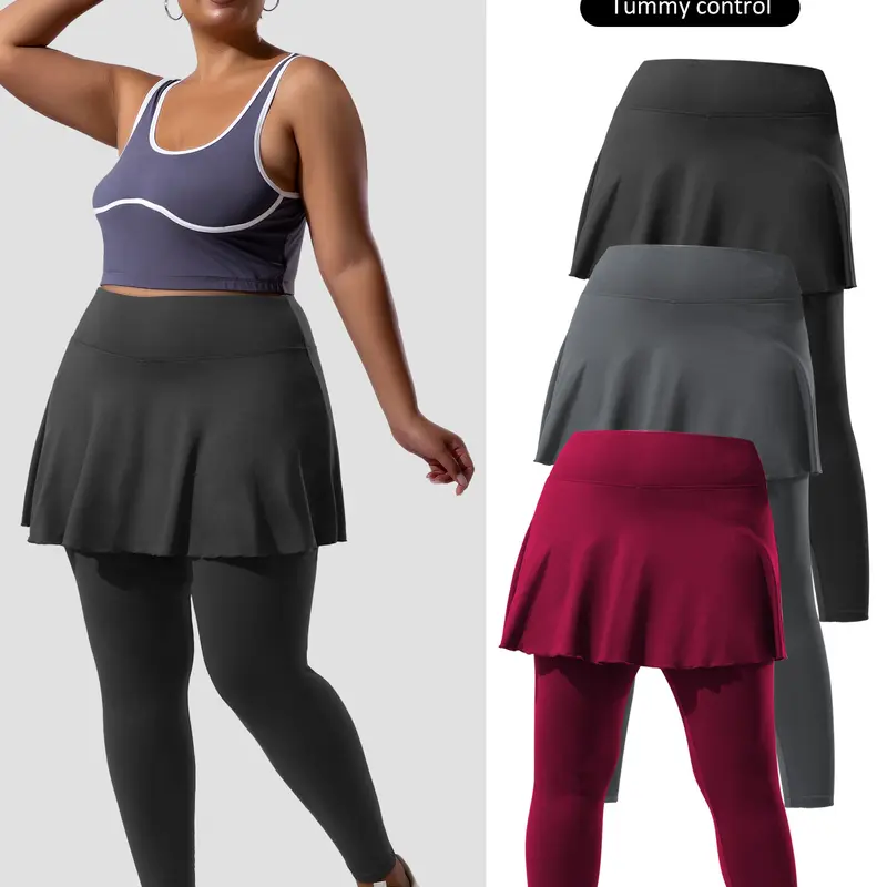 CHILL SKILL Women's High Waisted Skirted Leggings 3-Pack Value Set - Polyester 2-in-1 Tennis Skorts with Pockets, Gym Exercise Activewear for Running, Female Gym Clothes, S-5XL Pantskirts for Daily Wear
