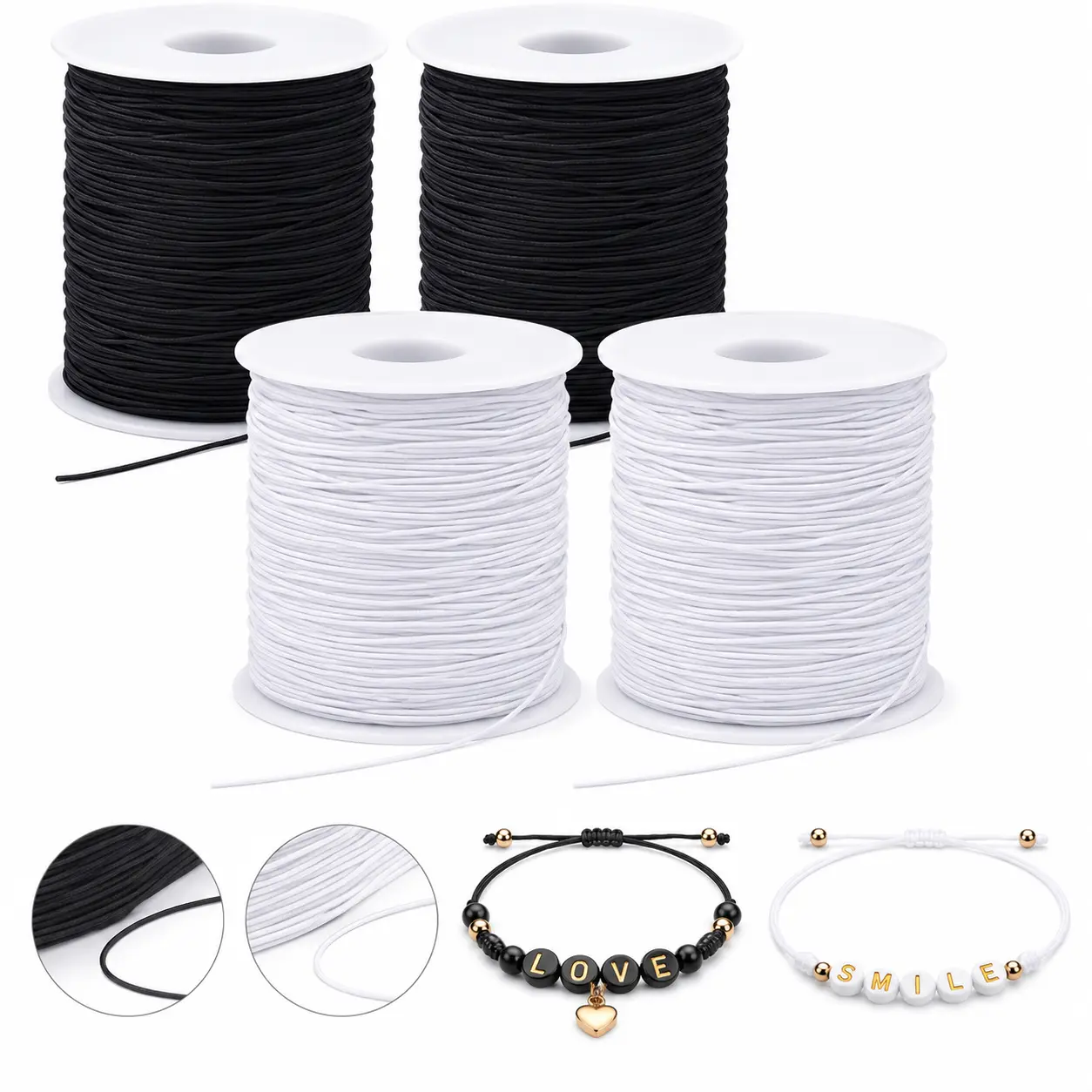 4 Rolls of Sturdy Elastic Cord, 1mm Braided Nylon Rubber String for Jewelry Making - High-Stretch Black and White Thread, 55yd Each, Party, Diy Crafts
