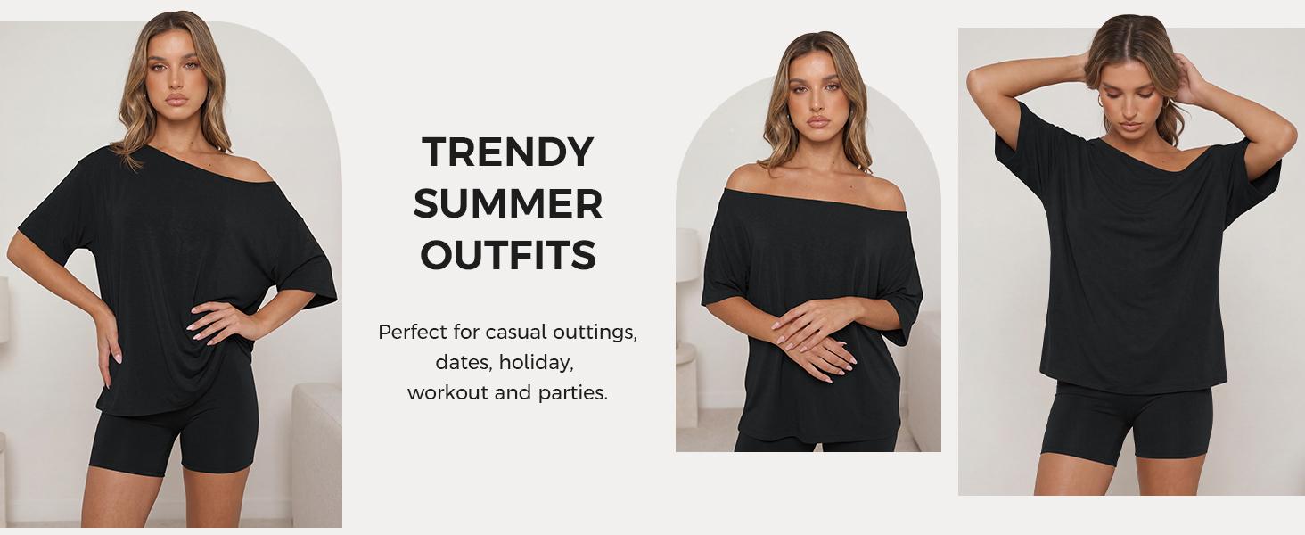 Fisoew Women’s Casual Two Piece Lounge Set Off Shoulder Top & Fitted Shorts Springtok Loungewear Pajama Nightwear Womenswear Clothes Matching pajama pants pajamas sets for women pajama sets women pj sets for women pajamas