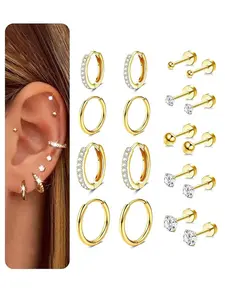 9 pairs of women's earrings, 316L medical steel earrings set 14K gold hoop earrings ear studs hypoallergenic cartilage earrings tragus piercing jewelry women's gold earrings various styles of ear stud earrings combination fashionable stacking earrings shi