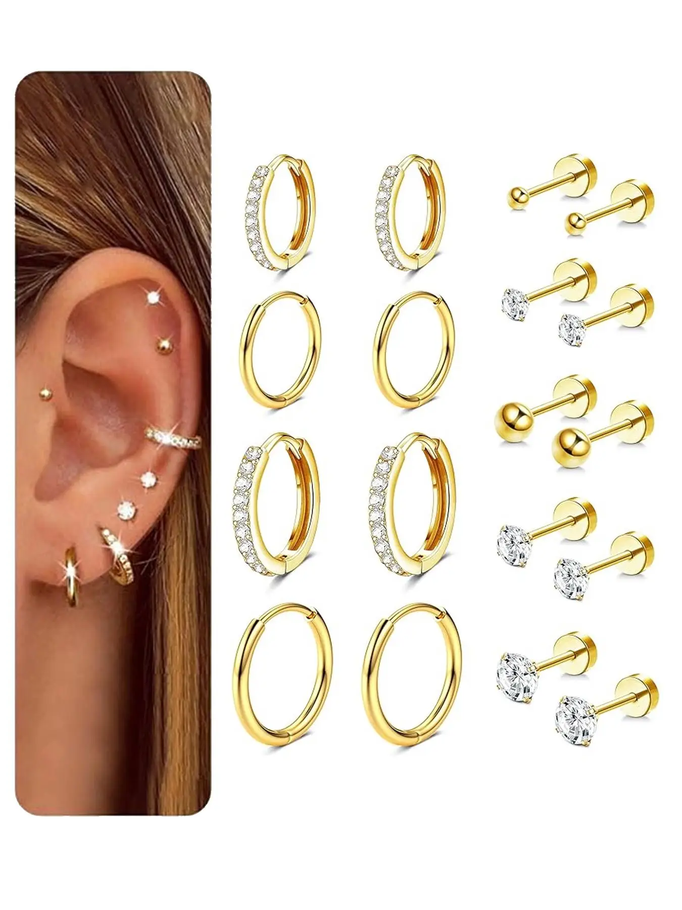9 pairs of women's earrings, 316L medical steel earrings set 14K gold hoop earrings ear studs hypoallergenic cartilage earrings tragus piercing jewelr