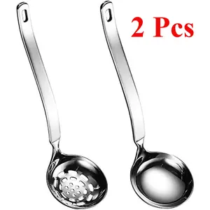 2 Pcs Soup Ladle Metal SUS304 Stainless Steel Ladles Spoon And Slotted Colander Spoon Set Small Soup Ladle With Holes Strainer Scoop Ladles For Serving Gravy Hot Pot Or Restaurant