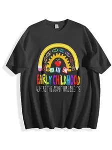 [100% Cotton]MONO LABEL Early Childhood Teachers, Made of Durable Polyester Fabric, Featuring Colorful Rainbow Design with ABC and 123 Motif, Perfect for or Daycare Settings, Lightweight and Comfortable Wear