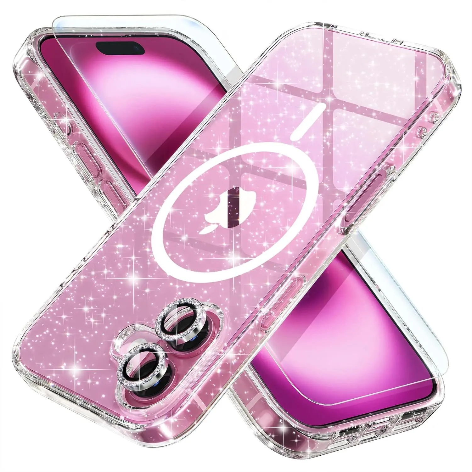 iPhone 16 Plus Magnetic Case, Clear Glitter Bling Design, Includes 2 Diamond Camera Lens Protectors & 2 Tempered Glass Screen Protectors, Compatible with MagSafe, 6.7" (Glitter Clear) allthingsaura