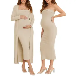 Ecavus | Maternity Tube Dress Long Cardigan 2 Piece for Baby Shower and Wedding Guest Ribbed Maternity Photoshoot Dresses