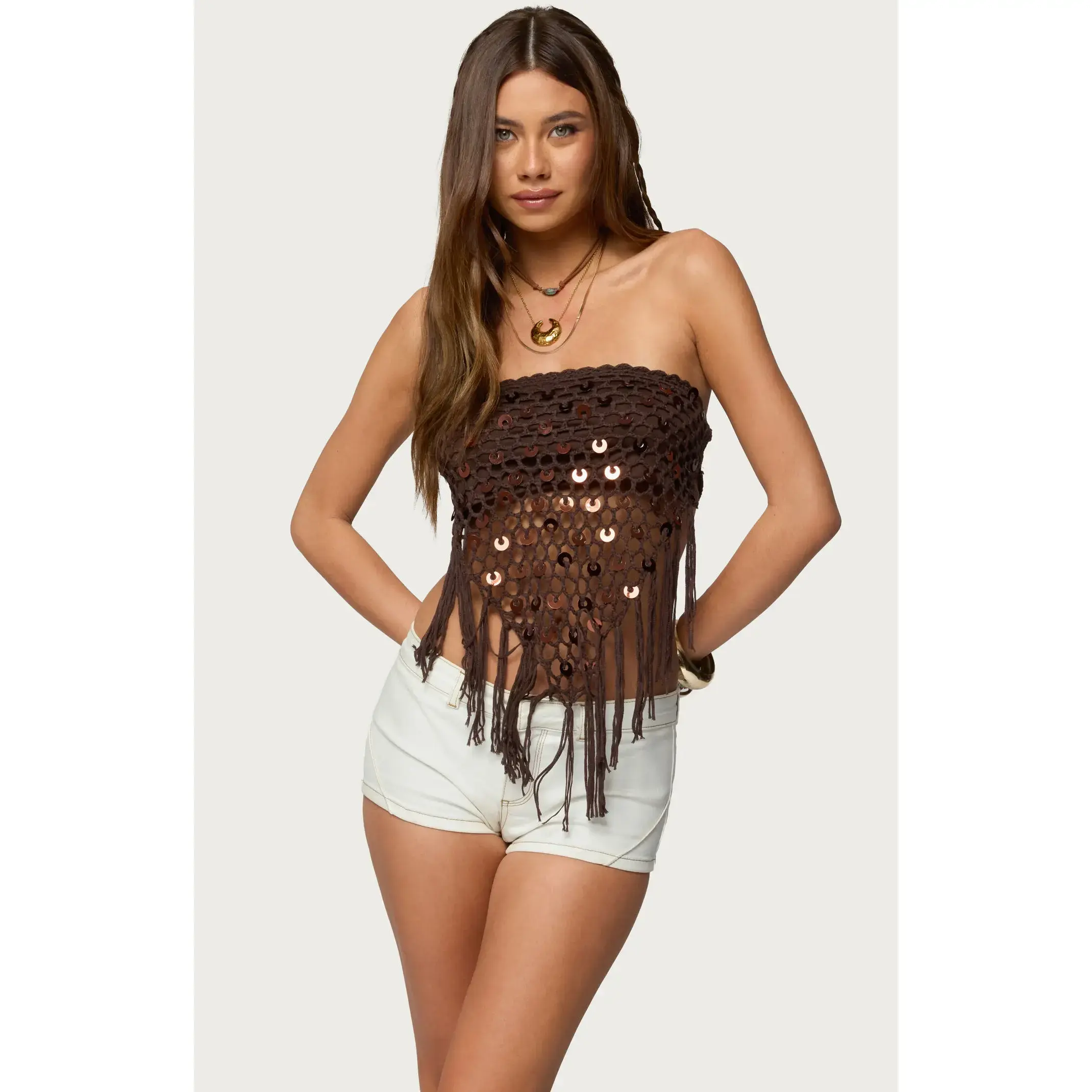 Edikted Women's Handkerchief Backless Crochet Fringed Top