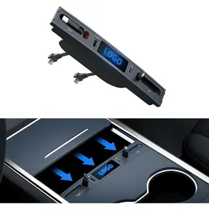 for Tesla USB Hub, Docking Station with Retractable Fast Charging Cable for Tesla Model 3 Model Y 2021 2022 2023, Interior Accessories for Tesla Model 3/Model Y Center Console