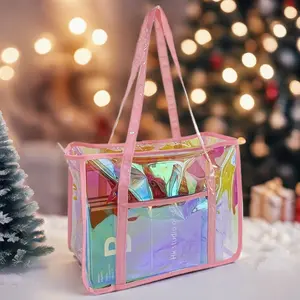 Iridescent Reflective PVC Tote Bag, Large Capacity Portable Shopping Handbag, Gift & Beach Tote Bag For Daily Use