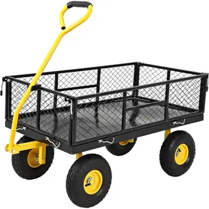 900 LBS Heavy Duty Steel Garden Cart with Wheels, Outdoor Metal Yard Utility Wagon with Removable Mesh Sides and Flatbed Conversion, 180 Degree Rotating Handle and 10 Inch Tires for Garden Farm Lawn Warehouse Hauling