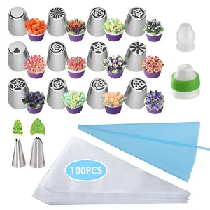 117 Pcs Russian Piping Tips Set, 12 Flower Frosting Nozzles Icing Tips for Cake Decorating Tips Kit, Baking Supplies for Cookie Cupcake, 2 Leaf Piping Tips 2 Couplers 100 Pastry Baking Bags and 1 reusable silicone bag