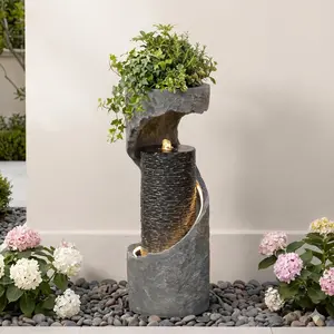 Tankana 35.5" H Water Fountain with Planter, Modern Spiral Waterfall for Outdoor and Indoor, Bubbling Garden Fountain with LED Light for Patio, Deck, and Living Room Corner