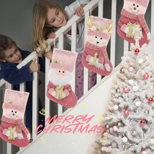 1Pcs 20 inch pink large-sized 3D Santa Claus/Snowman Doll Christmas Socks, suitable for home Christmas decoration, staircase, fireplace hanging decoration