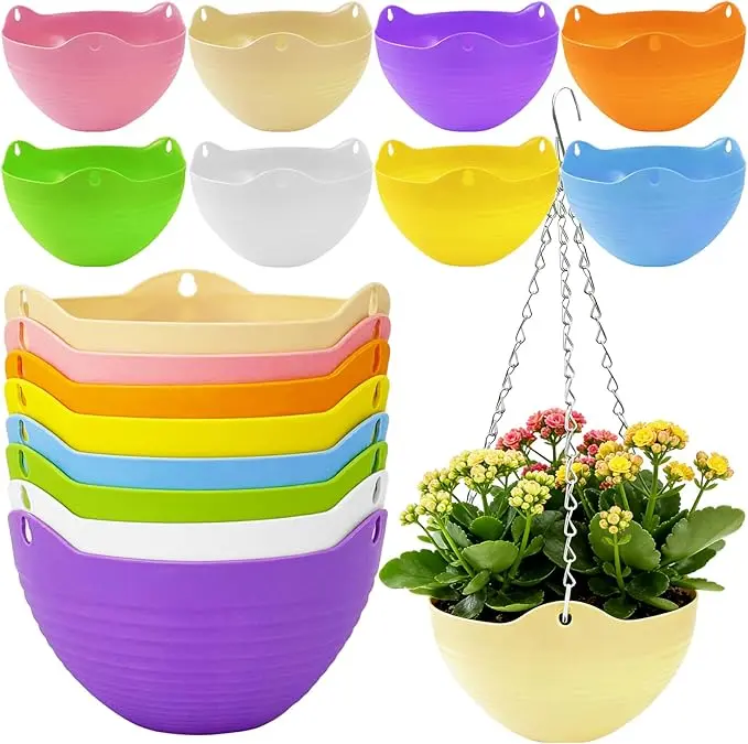8 pcs plastic hanging flower pots set, including hanging pots, hanging chains, stoppers, water screens, suitable for fleshy, pineapple, chlorophytum comosum, ivy, balcony, terrace, courtyard