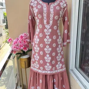 Kurti & Gharara 2pcs Co-ord Set - Lucknow Chikankari Handwork Top & Trousers, Rayon Fabric, Elegant Design, Perfect for Women's Wear, Sizes 36-44, Traditional Asian Clothes