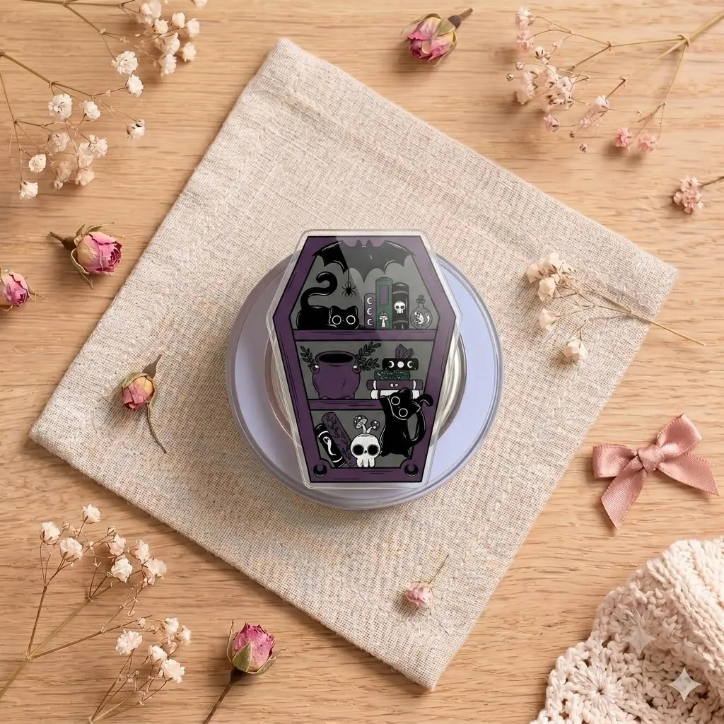 Aesthetic 2D Acrylic Coffin Phone Grip, Spooky Bookshelf Pop Socket, Witchy Cat Phone Stand