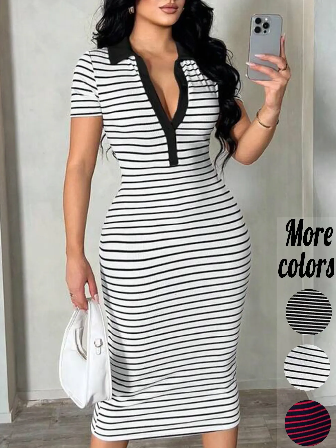 Plus-Size 1 Piece Striped Ribbed Polo Collar Short Sleeve Bodycon Midi Dress, Minimalist Urban Office Style Stretchy Dress for Curvy Women, Ideal for Weekend Brunch & Casual Outings