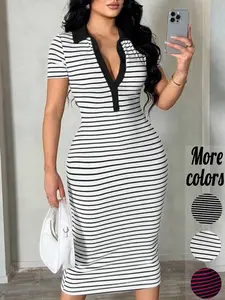 【Plus-Size】1 Piece Striped Ribbed Polo Collar Short Sleeve Bodycon Midi Dress, Minimalist Urban Office Style, Stretchy Form-Fitting Knit & Versatile Striped Pattern, For Curvy Women, Ideal for Workwear, Weekend Brunch & Casual Outings, Trendy Plus-Size