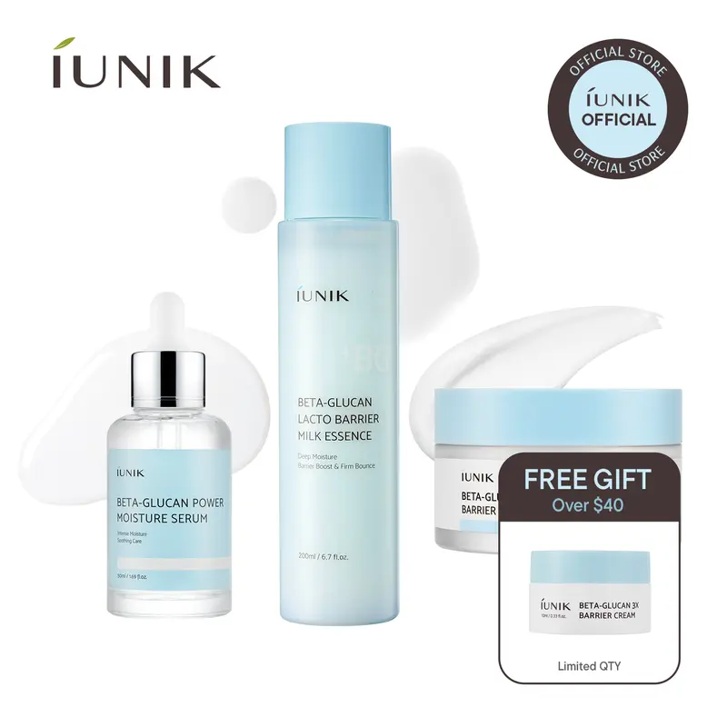 [IUNIK Official] Beta Glucan Repair & Hydration Set | Serum + Lacto Barrier Milk Essence + 3X Barrier Cream | Intensive 3-Step Barrier Repair Routine | Korean Skincare, K-Beauty
