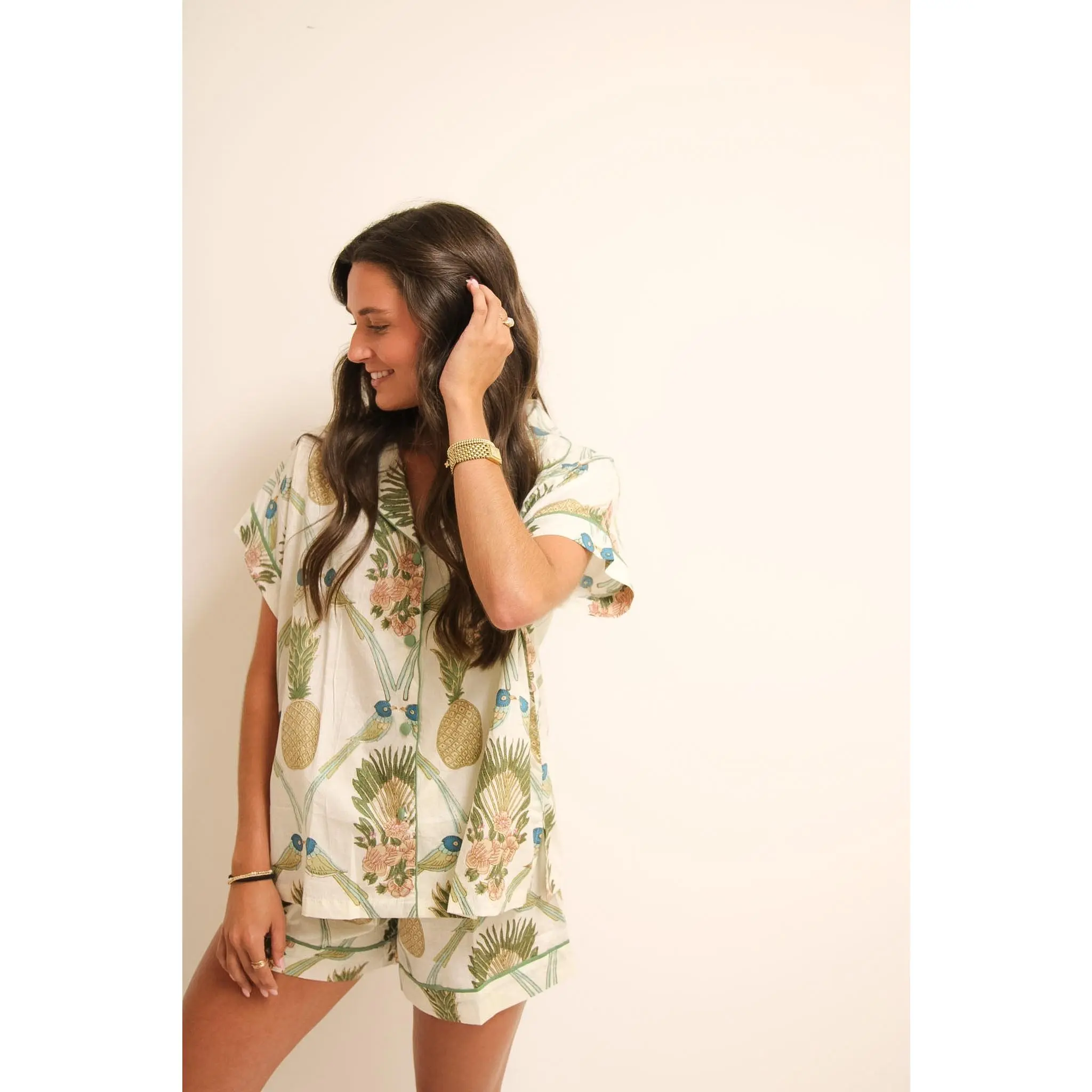 Bluebird & Pineapple Print Short Pajama Set