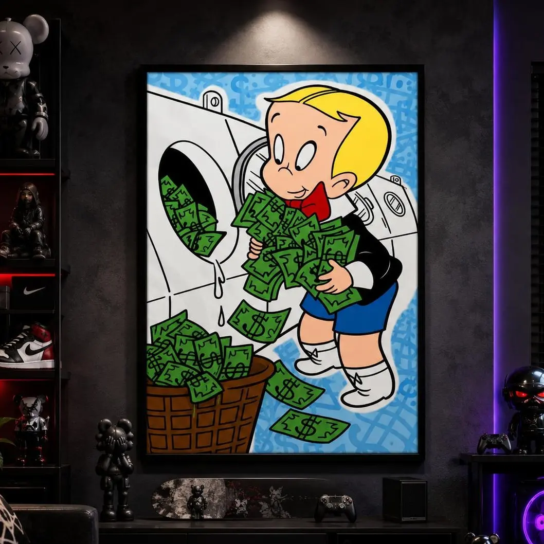 Richie Rich Money Laundry Washing Machine Canvas Wall Art - Cartoon Print, Hustle Wealth Motivational Poster, Framed/Unframed Multi-Size Home Decor for Office Man Cave