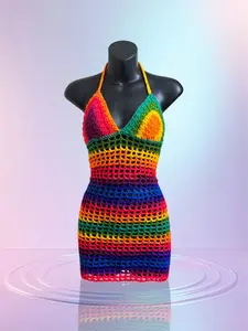 Rainbow Mesh Halter Dress Crochet