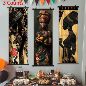 African Woman Pattern Floral Abstract Design Wall Art, 3 Counts Creative Scroll Hanging Painting, Art Deco Canvas Poster, Wall Art for Living Room, Gift for Friends, Ornaments, Decor