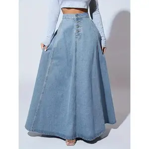 Plain Light Washed Blue Single-breasted Loose Fit Maxi Flare Denim Skirt, Women's Denim Jeans & Clothing