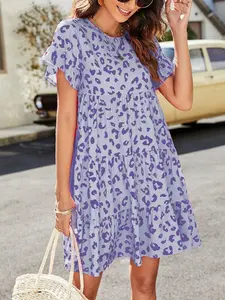 Elegant Leopard Print Ruffle Short Sleeve Dress Womenswear, Casual Loose-Fitting Round Neck, Perfect for Beach Spring Summer