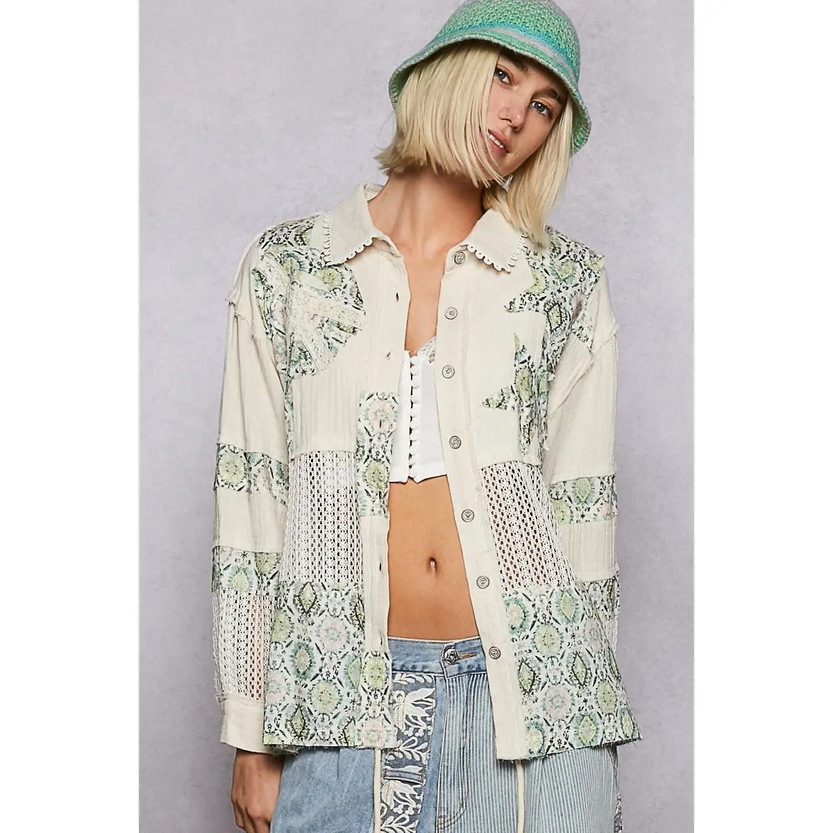 POL Printed Crochet Patchwork Button-Up Shirt
