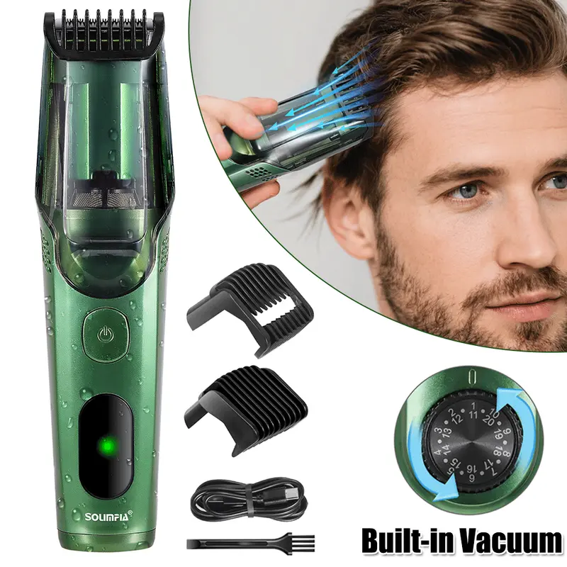 Cordless Men's Carbon Steel+ABS Beard Trimmer - Long-Lasting Rechargeable, IPX6 Waterproof, Lightweight, Built-In Vacuum Clipper with 1x Brush, 2x Limit Combs, Smooth Shave for Beard/Mustache, Rinse Clean