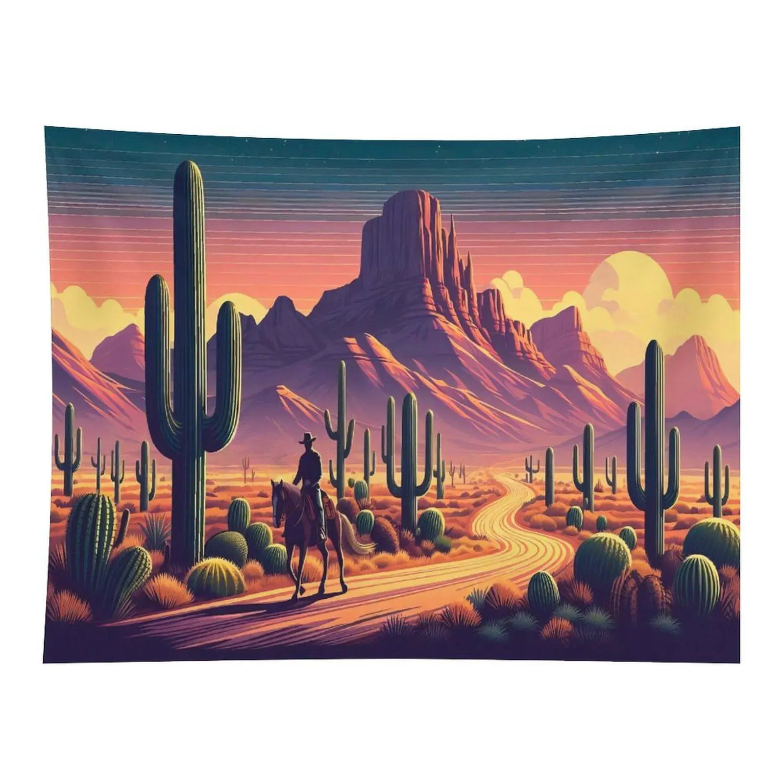 Retro Western Desert Cowboy Riding Horse Tapestry Saguaro Cactus Canyon Sunset Landscape Vibrant Art Wall Decor for Living Space