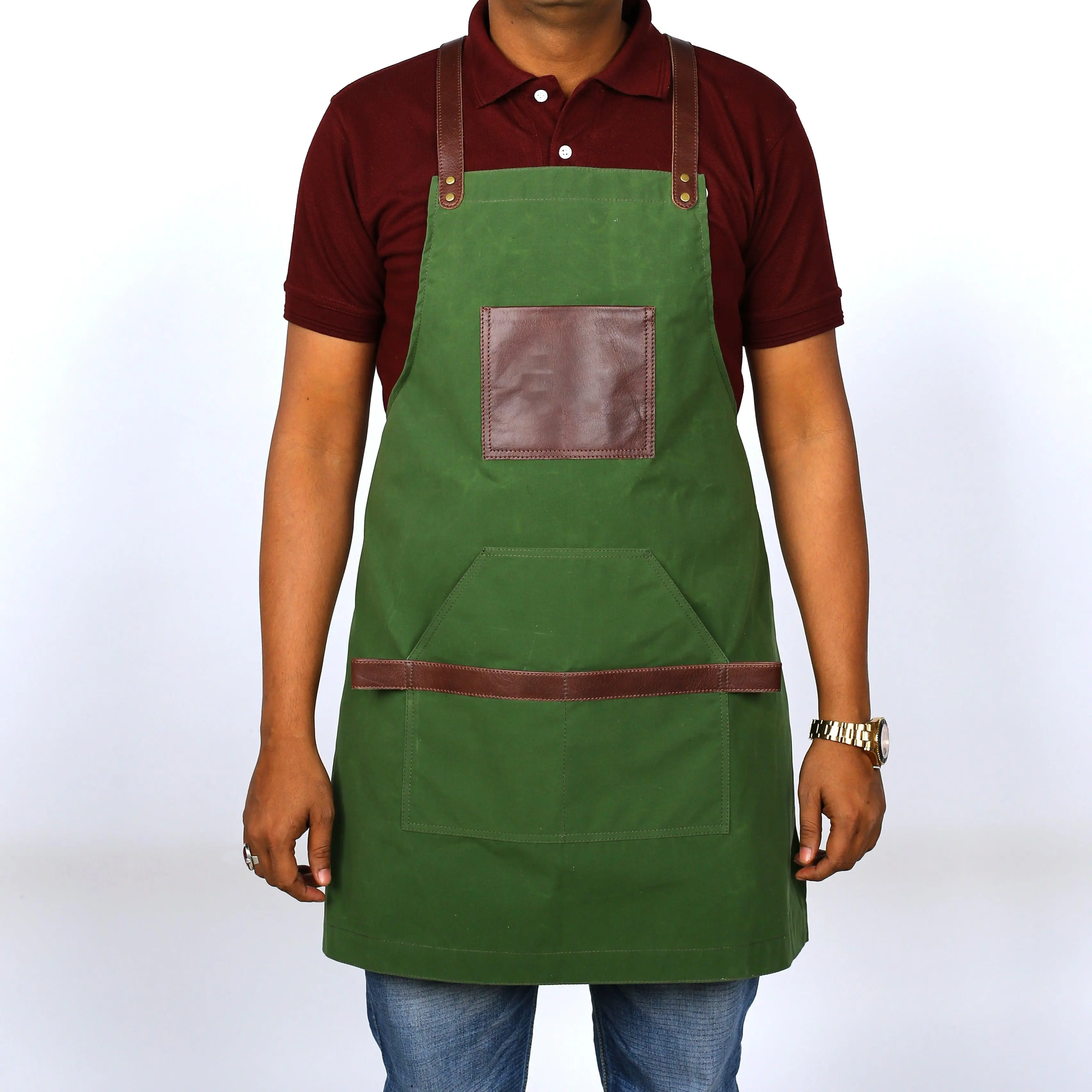 Kilty Unisex Leather + Fabric Apron Dual-Tone Green/Brown